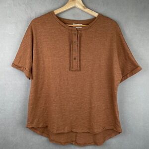 Bohme Rust Brown Henley Short Sleeve Slub Knit Top Casual Boho PST7299A-BM Small